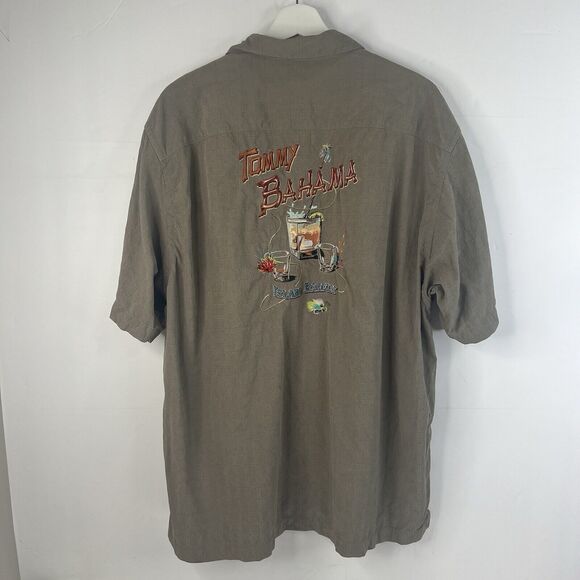 Tommy Bahama Size XL Shirt Silk Camp Embroiderd Island Bar Fly Fishing Brown - Picture 8 of 16
